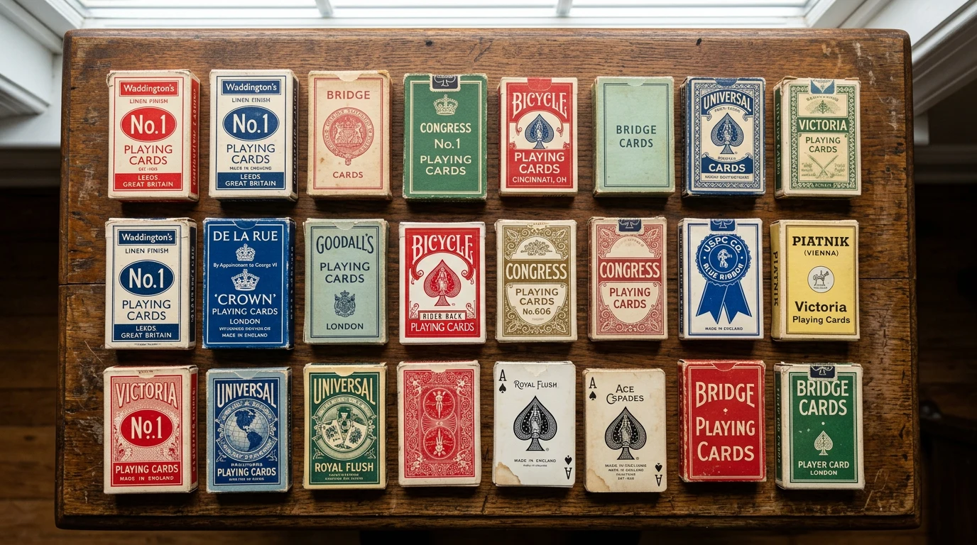 Vintage Waddingtons playing card tuck boxes arranged as a collection