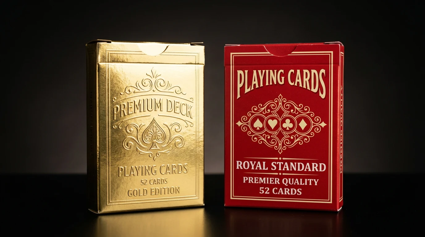 Gold and standard Waddingtons decks side by side