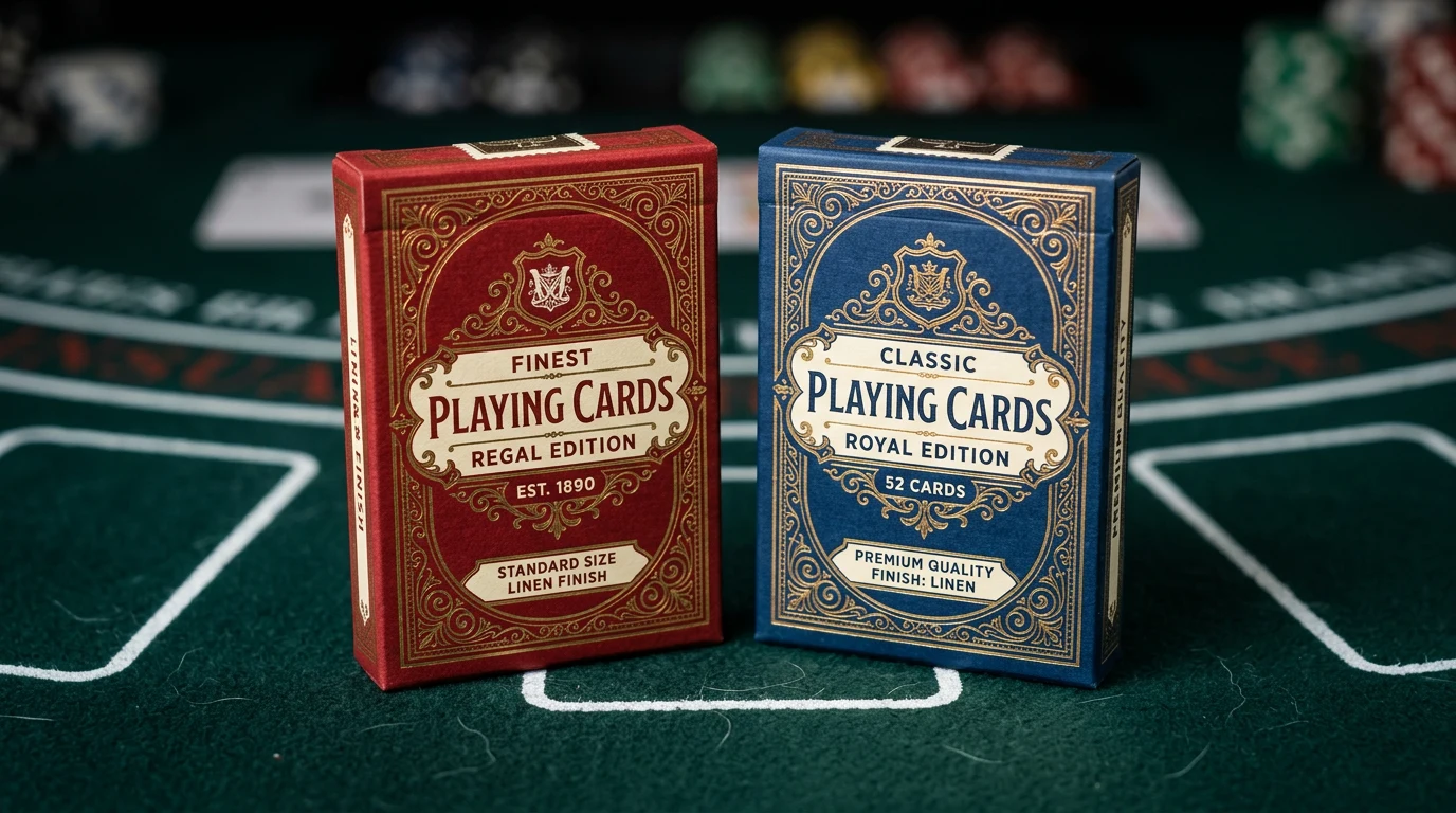 Waddingtons Number 1 playing cards in classic red and blue tuck boxes on green baize