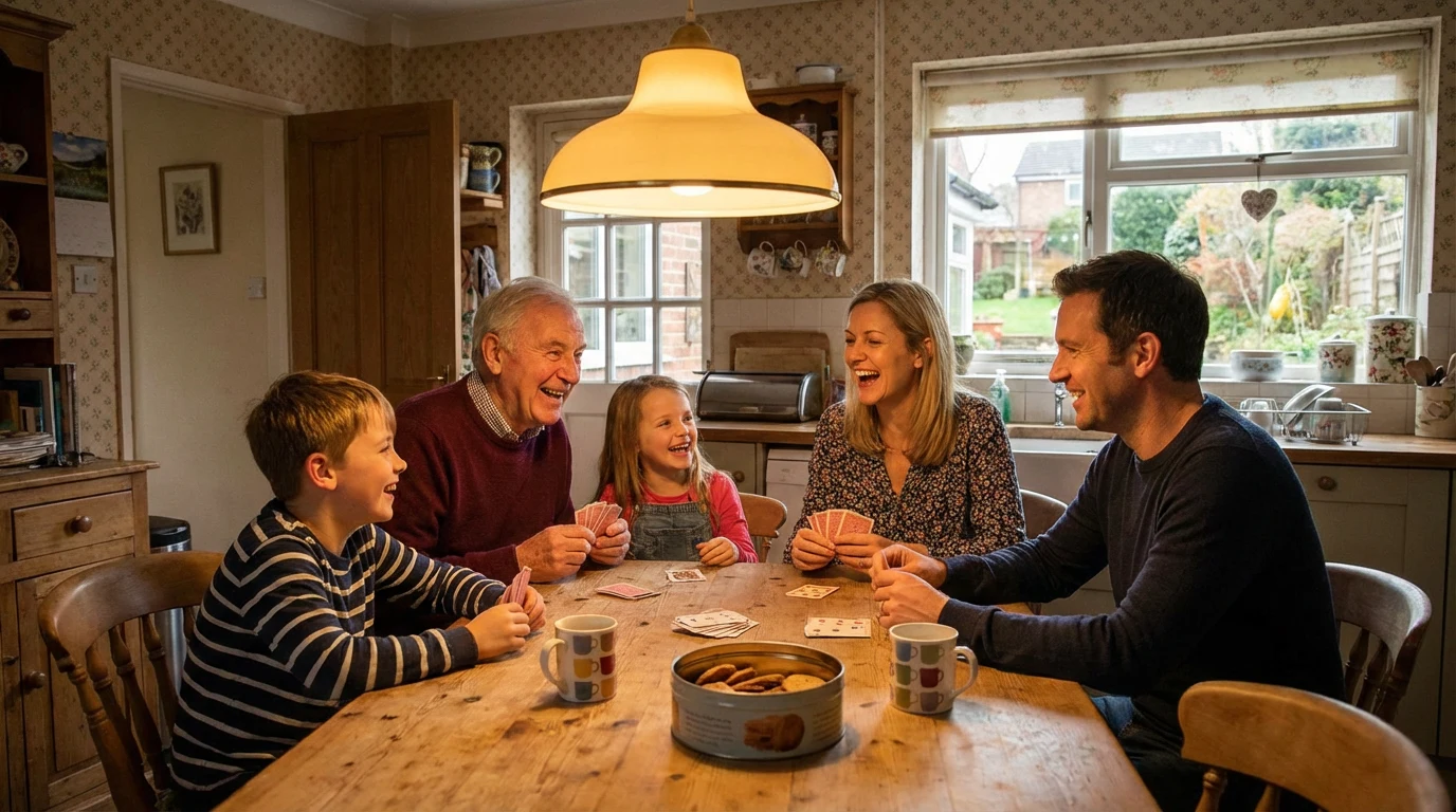 Family card game around a kitchen table with Waddingtons deck