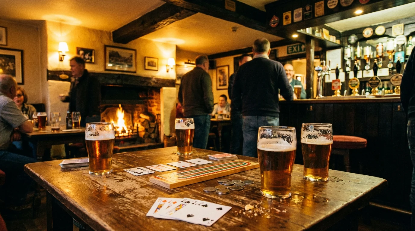 Pub card night atmosphere with pint glasses and cards