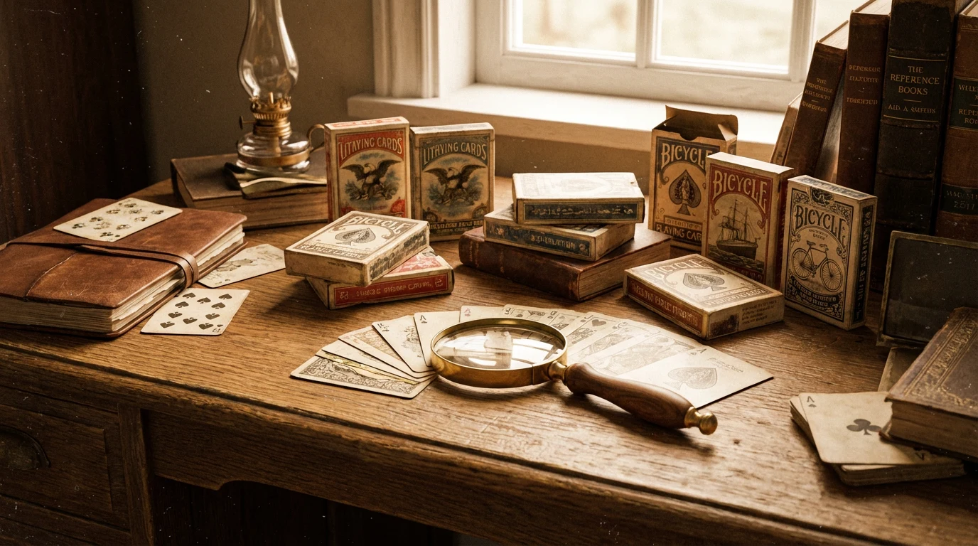 Collector inspecting vintage tuck boxes with loupe